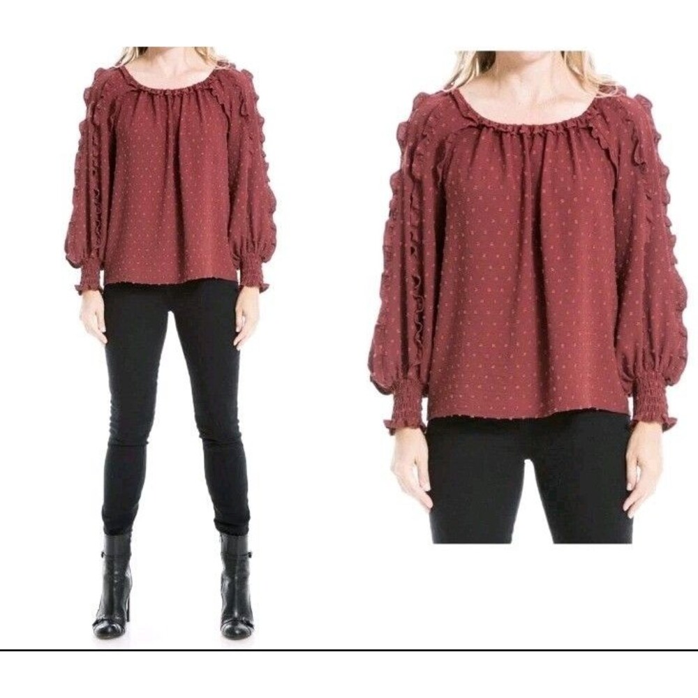 Max Studio Swiss Dot Blouse Womens Sz 3X Burgundy Ruffle Peasant Top NWT